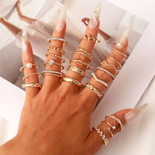 CHICUTIE Gold Knuckle Rings Set For Women Stackable Joint Finger Midi Rings Dainty Cubic Crystal Zirconia Simple Hollow Twist Cute Rings Pack Jewelry Gift - style: 43pcs Gold