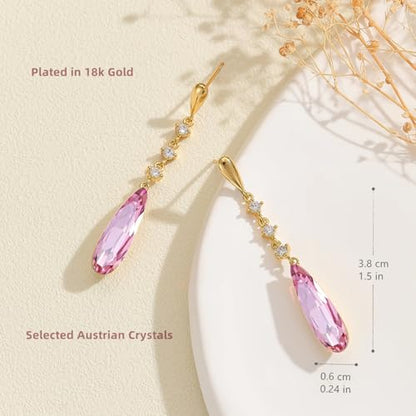 VONSSY Austrian Crystal Teardrop Drop Dangle Earrings Gold Plated Silver Post Zircon Gemstone Jewelry Gift for Woman Girlfriend Mom Wife - color: Pink