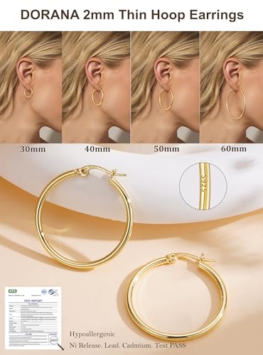 2mm Thin 14K Gold Plated Large S925 Sterling Silver Hoop Earrings for Women Hypoallergenic Big Hoop Non Tarnish Earrings Lightweight 20/30/40/50/60/70mm - color: Gold-30mm