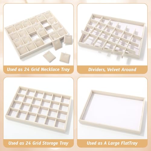 2 Pcs 24 Grid Stackable Jewelry Organizer Tray with Removable Dividers Ice Velvet Jewelry Display Showcase Tray for Necklace Earring Ring Bracelet Holder (Beige Velvet) - color: Beige