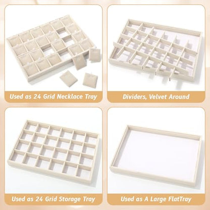 2 Pcs 24 Grid Stackable Jewelry Organizer Tray with Removable Dividers Ice Velvet Jewelry Display Showcase Tray for Necklace Earring Ring Bracelet Holder (Beige Velvet) - color: Beige