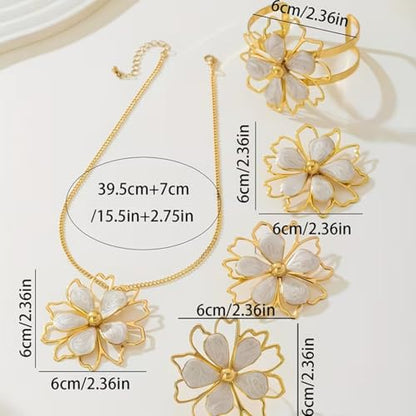 Gold Flower Jewelry Set For Women, 5 Pcs Chunky Golden Floral Pendant Necklace Bracelet Earrings Ring Set Statement Flower Jewelry Gifts For Beach Wedding - color: 5pcs-White