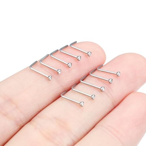 Hoeudjo Nose Studs Surgical Steel Cubic Zirconia Nose Rings Kit for Women Men Tiny Nose Stud Bone & Screw & L Shaped Nostril Piercing Jewelry 18/20/22/24 Gauge 10 Pieces - color: silver-tone,L-shaped nose studs, size: 22g/1.5mm clear CZ