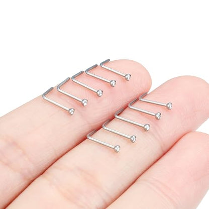 Hoeudjo Nose Studs Surgical Steel Cubic Zirconia Nose Rings Kit for Women Men Tiny Nose Stud Bone & Screw & L Shaped Nostril Piercing Jewelry 18/20/22/24 Gauge 10 Pieces - color: silver-tone,L-shaped nose studs, size: 22g/1.5mm clear CZ