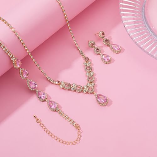 Paxuan Silver/Gold Rhinestone Crystal Wedding Bridal Bridesmaids Earrings Bracelet Set for Women Brides Bridesmaids Crystal Rhinestone Bracelet Earrings Set for Wedding Bridal Prom Pageant - color: Pink