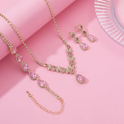 Paxuan Silver/Gold Rhinestone Crystal Wedding Bridal Bridesmaids Earrings Bracelet Set for Women Brides Bridesmaids Crystal Rhinestone Bracelet Earrings Set for Wedding Bridal Prom Pageant - color: Pink
