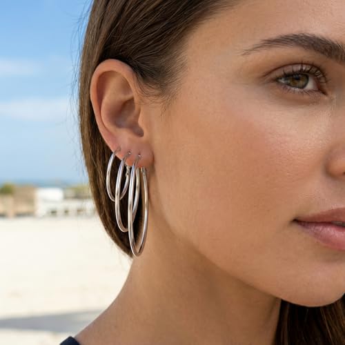 4/5/6 Pairs Gold Hoop Earrings for Women, Hypoallergenic Silver Gold Plated Stainless Steel Huggie Hoop Earrings Set Trendy Jewelry Gifts Lightweight 30/40/50/60/70MM - color: 6 Pairs gold silver Plated Hoop Earrings-40/50/60