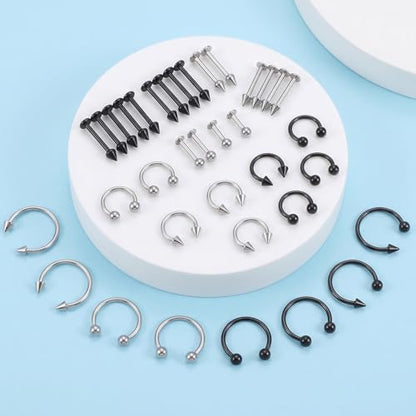 Lusofie 64PCS Lip Rings Labret Jewelry 16G Stainless Steel Helix Earring Daith Tragus Cartilage Studs Horseshoe Snake Bite Lip Piercing Jewelry for Women Men