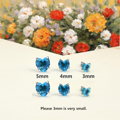 12 Pairs Surgical Stainless Steel Stud Earring Round Heart Star Square Cubic Zirconia Birthstone Stud Earrings Set for Women - color: Silver heart 5mm