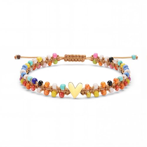 Beaded Bracelet for Women, Double Layer Colorful Seed Bead Bracelet with Heart Charm, Handmade Boho Stackable Bracelet, Adjustable Friendship Jewelry Gift for Women