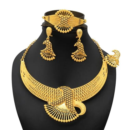 indian Women Jewelry Necklace Set african Dubai Bride Wedding Prom Fashion Jewelry 24K Gold Plated Necklace Bangles Rings Earrings - color: S-347