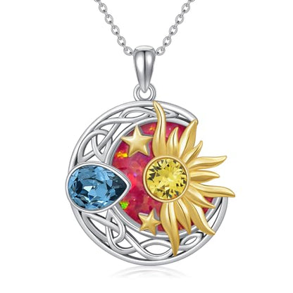 AOBOCO 925 Sterling Silver Moon Sun Star Necklace Celtic Jewelry for Women Girls - color: Silver&Gold&Red Opal