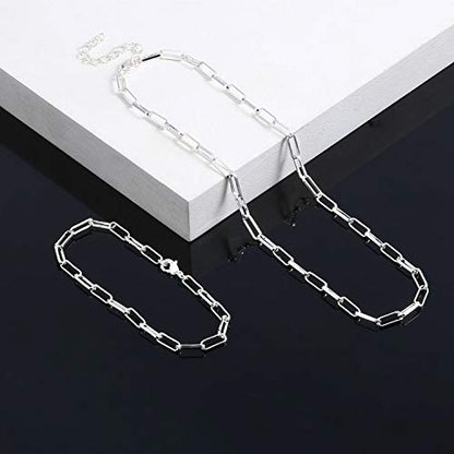 14K Gold Plated Dainty Paperclip Link Chain Necklace Bracelet Set for Women - style: 16" Silver Necklace + 7" Bracelet