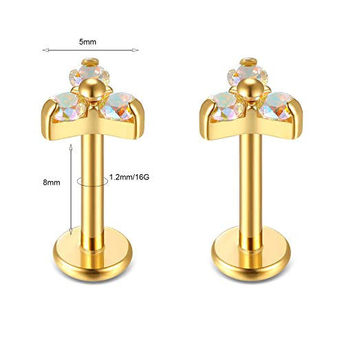 BelezaDosas G23 Titanium Labret Studs 16G Threadless Push-in Press Fit Lip Cluster Tragus Helix Lobe Conch Rook Medusa Cartilage Monroe Earring Push Back Piercing Jewelry - color: 16g8mm tri gd AB