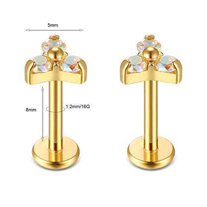 BelezaDosas G23 Titanium Labret Studs 16G Threadless Push-in Press Fit Lip Cluster Tragus Helix Lobe Conch Rook Medusa Cartilage Monroe Earring Push Back Piercing Jewelry - color: 16g8mm tri gd AB