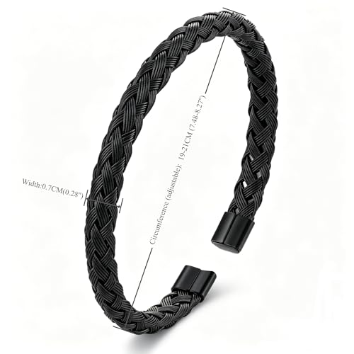 Stainless Steel Braided Cable Cuff Bangle Bracelet, Adjustable, Mens Womens, Minimalist - color: Black