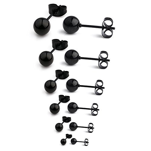 20G Stainless Steel Ball Stud Earrings for Men Women Round 3-8mm 6Pairs - color: 6Pairs - Black