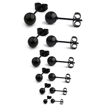 20G Stainless Steel Ball Stud Earrings for Men Women Round 3-8mm 6Pairs - color: 6Pairs - Black