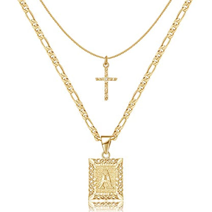 KELORIS PATH Gold Layered Initial Cross Necklace, 14K Gold Plated Layering Square Letter Pendant Figaro Chain Cross Choker from A-Z Capital Jewelry for Women Girls | 14K Gold Plated Square/Hexagon Letter Pendant with Figaro Chain, Stackable Jewelry Gifts,