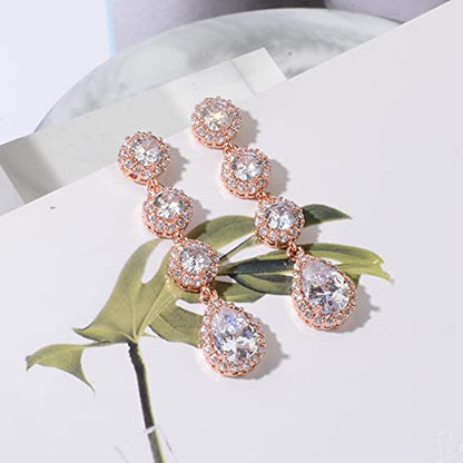 Women's Cubic Zirconia Bridal Earrings - Elegant Long Wedding Party Prom Earring for Bride Bridesmaids Crystal CZ Rhinestone Chandelier Statement Dangle Drop Earrings for girls - color: Clear-rose gold