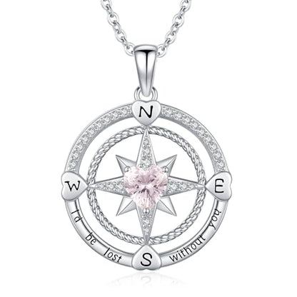 Compass Birthstone Necklace for Women S925 Sterling Silver with Cubic Zirconia - Birthday Jewelry gift for her, Girlfriend, Wife, Mom on Birthday, Anniversary - color: 10-Pink