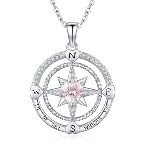 Compass Birthstone Necklace for Women S925 Sterling Silver with Cubic Zirconia - Birthday Jewelry gift for her, Girlfriend, Wife, Mom on Birthday, Anniversary - color: 10-Pink
