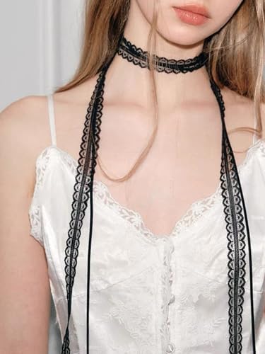 Bravace Lace Bow Choker Necklace for Women Long Wrap Tie Layered Ballet Lace Collar Elegant Black Lolita Gothic Party Neck Jewelry Romantic Adjustable Velvet Ribbon Trendy Accessory Gift - color: Black