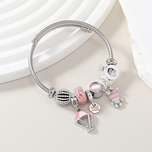 DS Charm Bracelets for girls,exquisite cute cartoon friendship bracelets Silver Stainless Steel Bangle with birthday Gift box, Adjustable girls jewelry Suitable for holiday gifts - style: Silver-pink rabbit