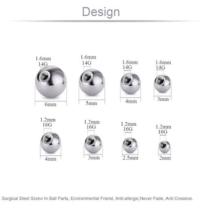 Threaded 316L Steel Replacement Balls Piercing Parts for Body Jewelry 14G 16G Barbell - style: 8pcs Mix per size