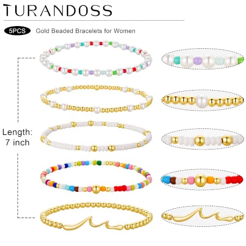 Turandoss 5PCS 14K Gold Plated Beaded Stretch Bracelets Set for Women | Stacked Bow Cross Wave Knot Pearl Beads Bracelet Set, Waterproof 7 Inch Stretch Elastic, Summer Jewelry Gifts for Women Girls - color: 5PCS Wave Beaded Bracelets