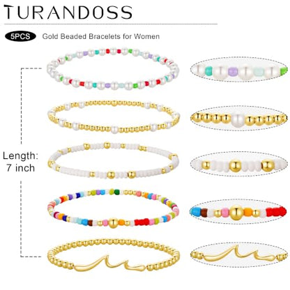 Turandoss 5PCS 14K Gold Plated Beaded Stretch Bracelets Set for Women | Stacked Bow Cross Wave Knot Pearl Beads Bracelet Set, Waterproof 7 Inch Stretch Elastic, Summer Jewelry Gifts for Women Girls - color: 5PCS Wave Beaded Bracelets