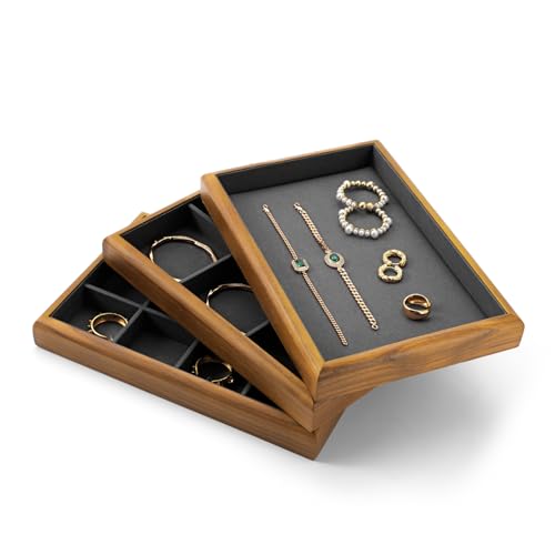 Oirlv Wood Jewelry Ring Display Tray Dark Grey | Solid Wood Frame, Soft Microfiber Interior, 9.84X17X1.18In Ring Tray With Slots, Beautiful Wood Finish, Protects Jewelry - color: Grey, size: 5 slot