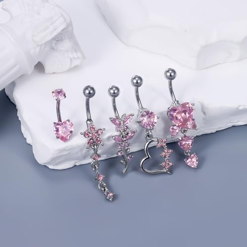 Vsnnsns 14G Dangle Belly Button Ring Piercing Jewelry 316L Stainless Surgical Steel Navel Rings Cubic Zirconia Heart Flower CZ Dangling Belly Button Ring Piercing Jewelry for Women 14 Gauge - color: Silver-Pink CZ
