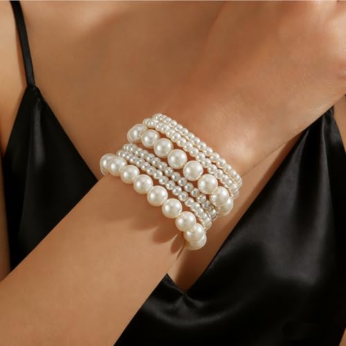 Boho Pearl Beaded Bracelets for Women Wedding White Pearl Bracelet Stack | Dainty,stackable,stretch,everyday,jewelry,set,bohemian,layered,bead,elastic,accessories,vintage,aesthetic,birthday,prom,gifts