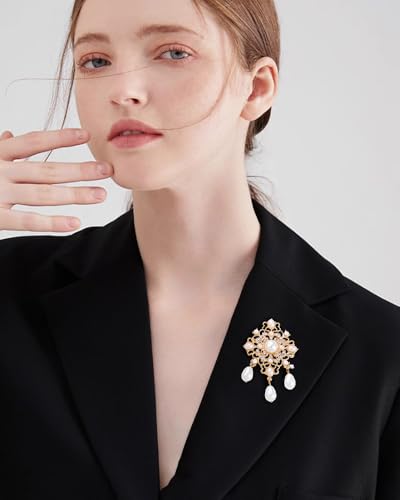 Vintage CZ Pearl Filigree Flower Brooch for Women Gold Plated Dainty Sparkly Crystal Faux Pearl Teardrop Dangle Drop Lapel Pins Elegant Dress Suit Bouquet Ceremony Accessories Wedding Party Jewelry