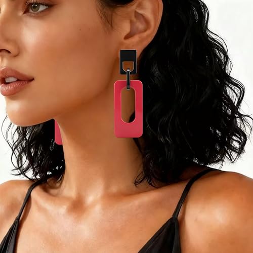 Boho Lightweight Retro Simple Acrylic Splicing Rectangle Earrings for Women Creative Exaggerated Statement Dangle Drop Earrings Jewelry - color: Black PInk