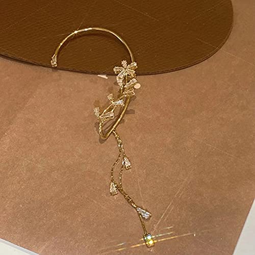 BETHYNAS Glitter Rhinestone Butterfly Flower Ear Cuff Sparkly Non-Pierced Crystal Tassel Fake Earrings Climber Lady Ear Wrap Bridal Party Ear Jewelry for Women and Girls - color: Gold Tassel Leaf