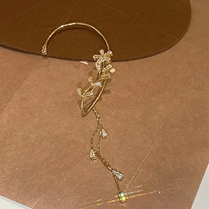 BETHYNAS Glitter Rhinestone Butterfly Flower Ear Cuff Sparkly Non-Pierced Crystal Tassel Fake Earrings Climber Lady Ear Wrap Bridal Party Ear Jewelry for Women and Girls - color: Gold Tassel Leaf