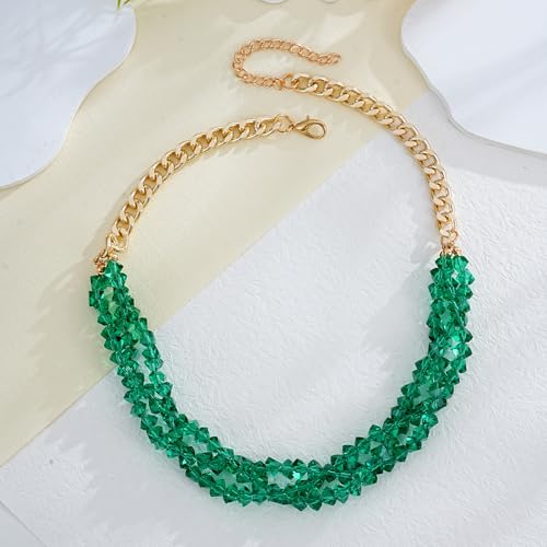 Crystal Statement Necklace with Gold Chain, Black and Clear Crystal Clusters, Chunky Curb Link Design, Fashion Jewelry for Women - color: Green