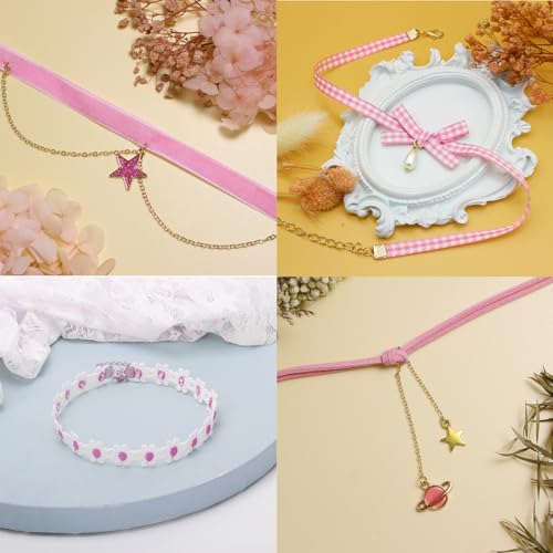 Nova&Aria Chokers Set For Women Heart Choker Necklaces Flower Pendant Velvet Cute Pink Turquoise Blue White Black Choker Necklace Christmas Colorful Lace Chokers - color: Pink-A