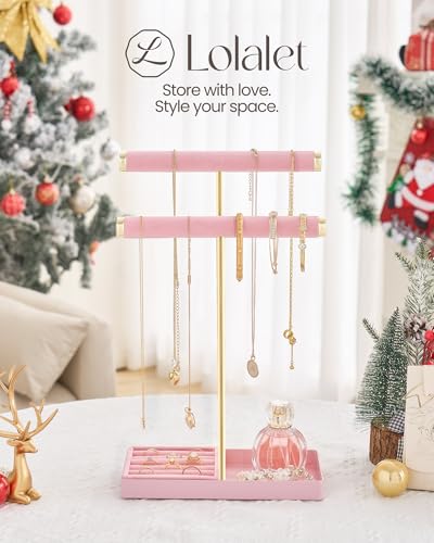 Lolalet 2-Tier Necklace Holder Display, Jewelry Stand with Ring Tray -Pink | Velvet Wrapped Jewelry Organizer, Tall Bracelet Stand for Bangles Watches Earrings, Gifts for Mom Girls Women Mother's Day - color: Pink