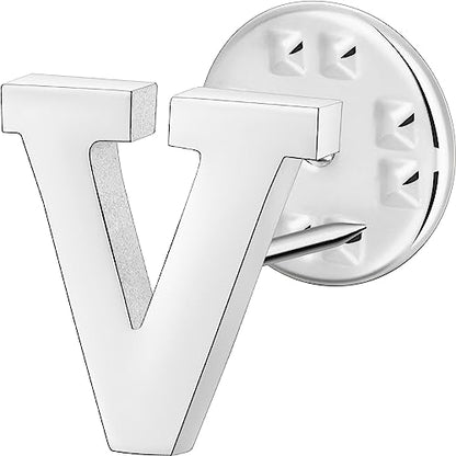 Initial Lapel Pin for Men Women, Brooch Pins for Men Suits, Metal Button Pins in 18K Gold and Silver Tone. - color: Silver-V