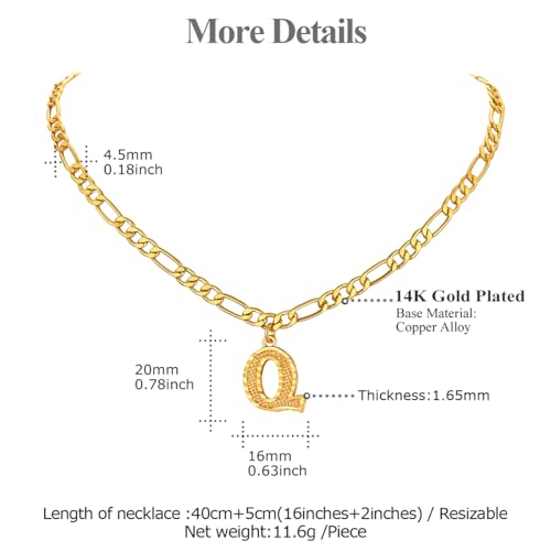 14K Gold Plated Initial Necklaces for Women Men A-Z Letter Necklaces | Figaro Chain, 16"+2" Adjustable Length, with Gift Box - style: Q
