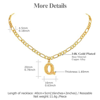14K Gold Plated Initial Necklaces for Women Men A-Z Letter Necklaces | Figaro Chain, 16"+2" Adjustable Length, with Gift Box - style: Q