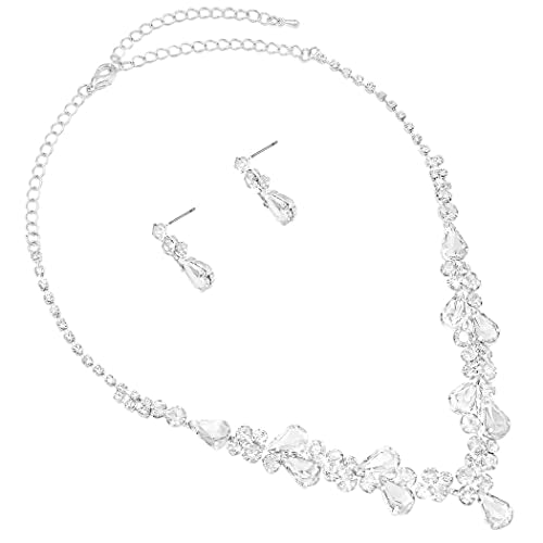 Rosemarie Collections Women's Stunning Rhinestone Crystal Teardrop Statement Necklace Hypoallergenic Drop Earrings Set, 15"+6" Extender - color: Clear Silver Tone