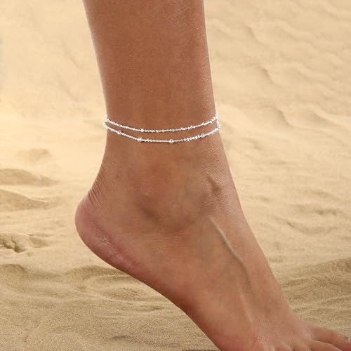 Gold Anklets for Women -14K Gold Plated 2-Strand Layered Ankle Bracelet Waterproof Tarnish Resistant Hypoallergenic Adjustable 8"+2.5" Minimalist Beach Jewelry Gift - style: Stack Anklet 01-SL