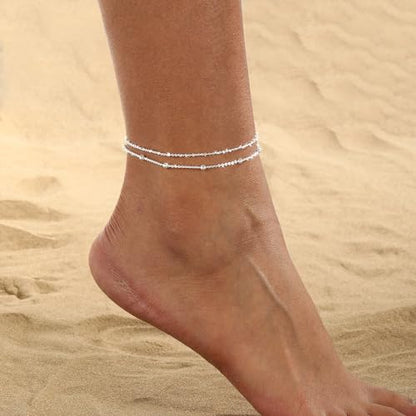 Gold Anklets for Women -14K Gold Plated 2-Strand Layered Ankle Bracelet Waterproof Tarnish Resistant Hypoallergenic Adjustable 8"+2.5" Minimalist Beach Jewelry Gift - style: Stack Anklet 01-SL