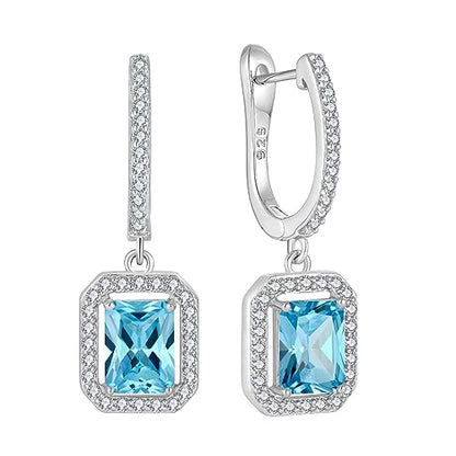 Women's Solitaire Dangle Drop Earrings 925 Sterling Silver Pure Square Huggie Earrings Hoop Dangle Drop Earrings Jewelry Gift - color: 03-aquamarine-Mar