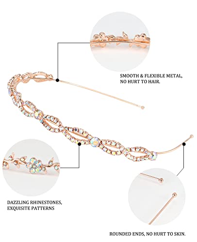 Wecoe 4 Pack AB Rhinestone Headbands Rose Gold Metal Headbands Flower Girl Bridal Wedding Headband Crystal Headpieces Flower Leaf Butterfly Headband Formal Hair Accessories For Women Girls Gifts - color: Rose gold band & AB rhinestones