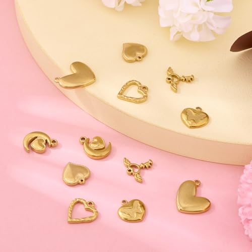 Cheriswelry 18K Gold Plated Heart Pendants Golden Heart Dangle Earring Charms Necklace Pendants Bracelet Keychain Charm Mini Hang Ornament for DIY Craft Jewelry Making - color: 18K Gold Plated D